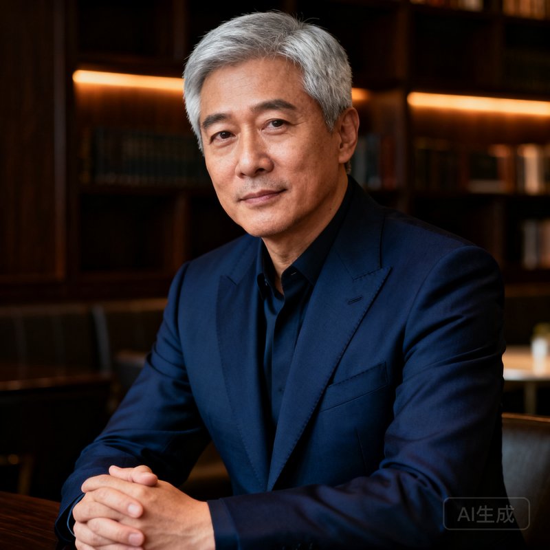 玖鼎贵宾厅创始人林启华先生的职业肖像，五十岁左右，银灰色短发，穿着深蓝色高定西装，双手交叉置于身前，背景为公司行政酒廊的深色木质书架。