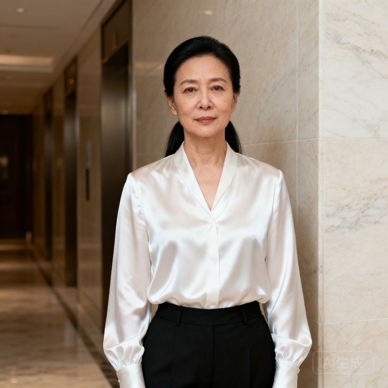 玖鼎首席运营官苏婉清女士的职业肖像，四十岁出头，黑色长发利落束起，身着白色丝质衬衫和黑色西裤，站在酒店行政楼层的大理石走廊中，神情专注而自信。