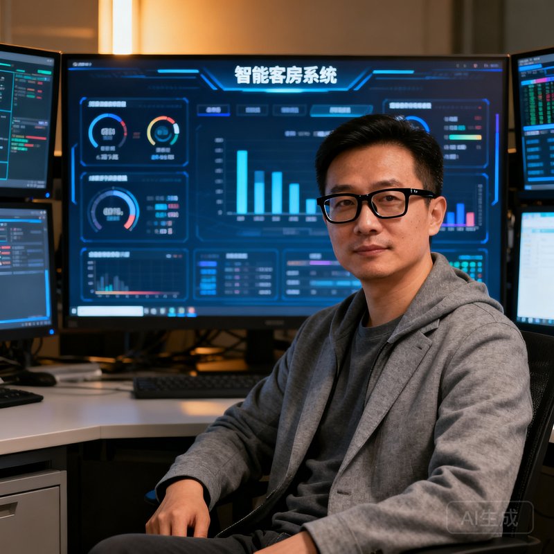 玖鼎技术总监周明远先生的职业肖像，三十五岁左右，戴着黑框眼镜，穿着灰色休闲西装，坐在充满屏幕的技术监控室中，面前显示着智能客房系统的数据仪表盘。